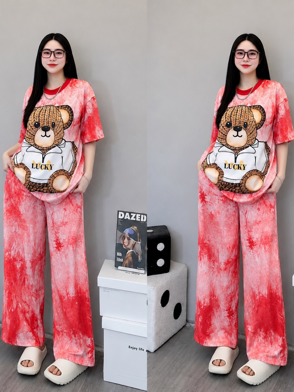 Women Red Tie-Dye Teddy Pajama Set - Comfortable Sleepwear